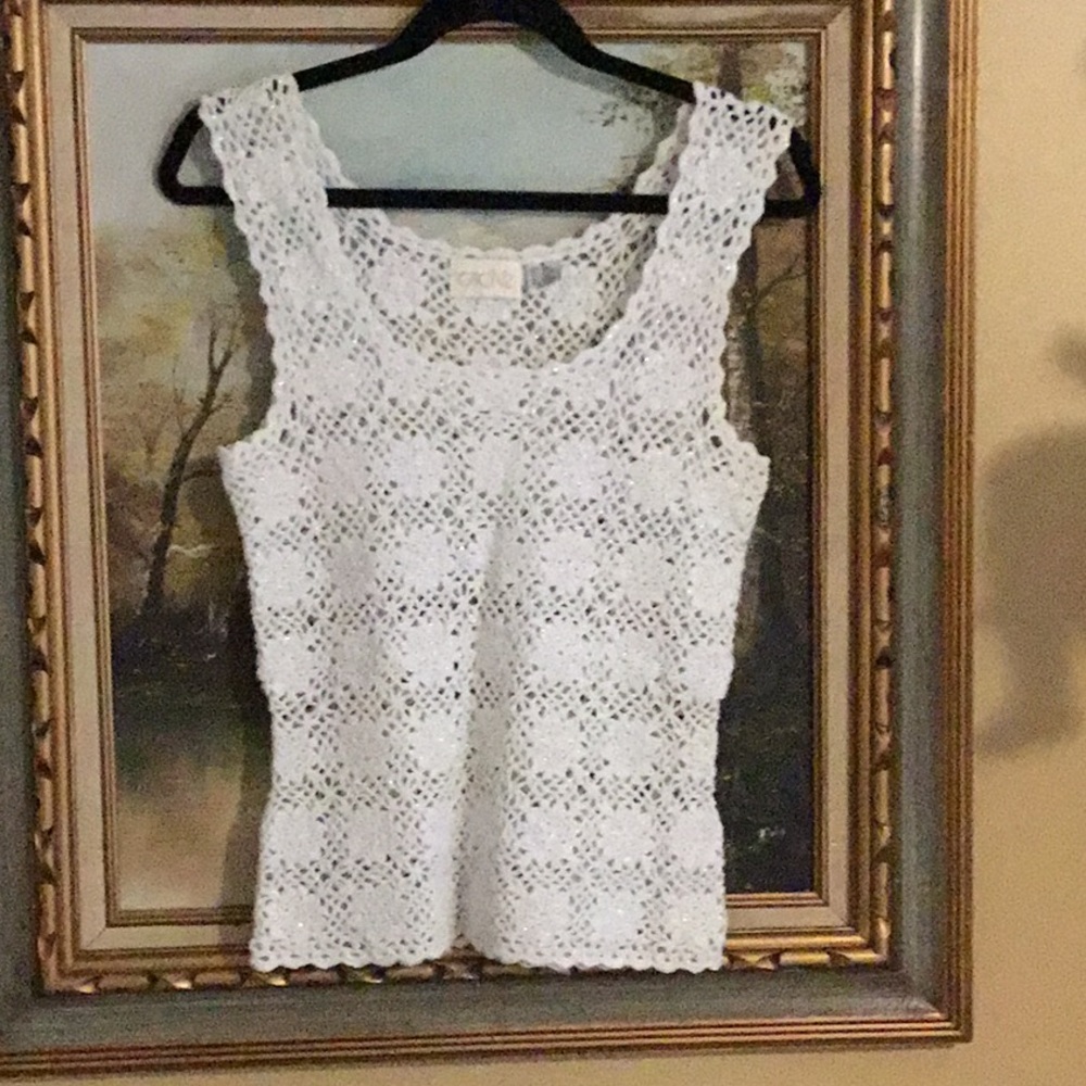 Cache White Crocheted Top w/ Silver Threads